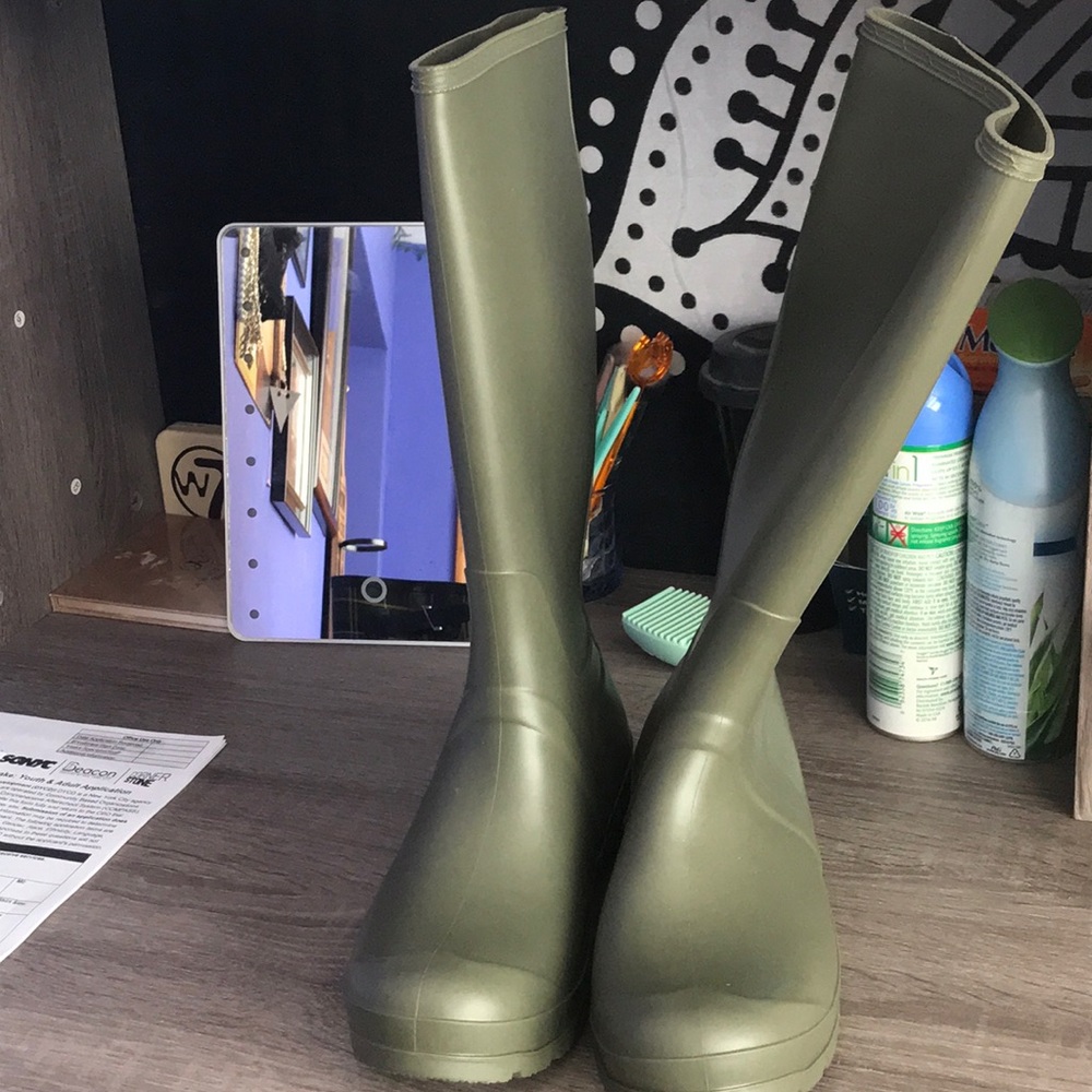 Olive green rain boots